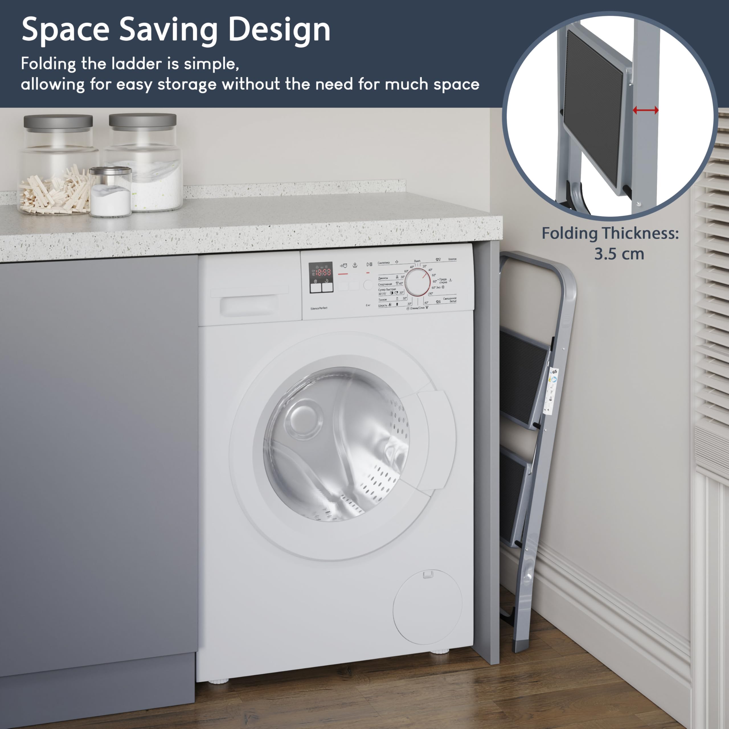 Home Vida 3 Step Ladder - Heavy Duty Steel Folding Ladder with Slip-Resistant and Wide Steps, Folding Mechanism, 150kg Max Load, Home/Kitchen/DIY/Garden Use, White