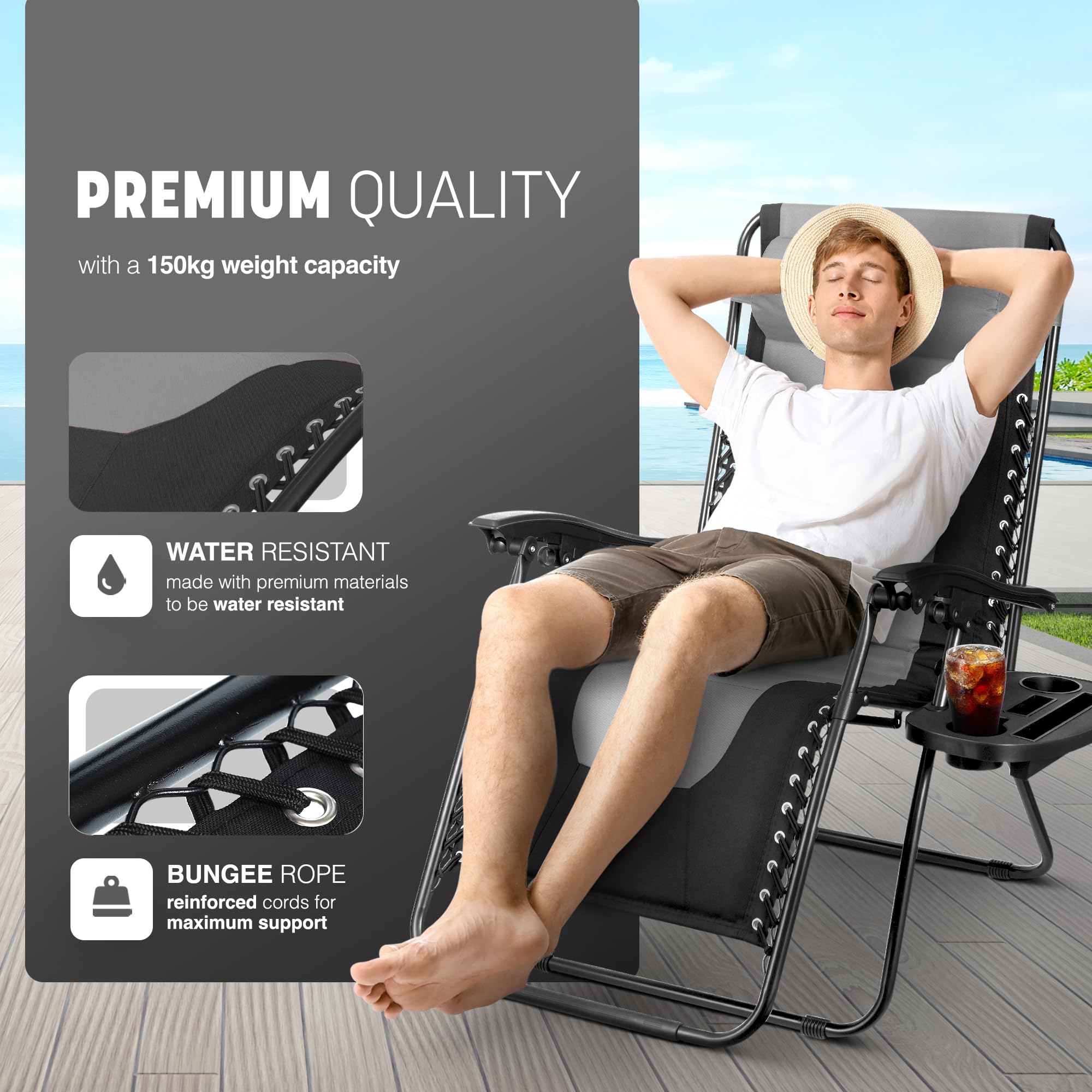 KEPLIN Set of 2 XXL Premium Heavy Duty Padded Zero Gravity Chairs - Luxurious Garden Recliners, Adjustable Headrest, Cup & Phone Holder, Foldable, Easy to Clean Patio Sun Loungers(Black)