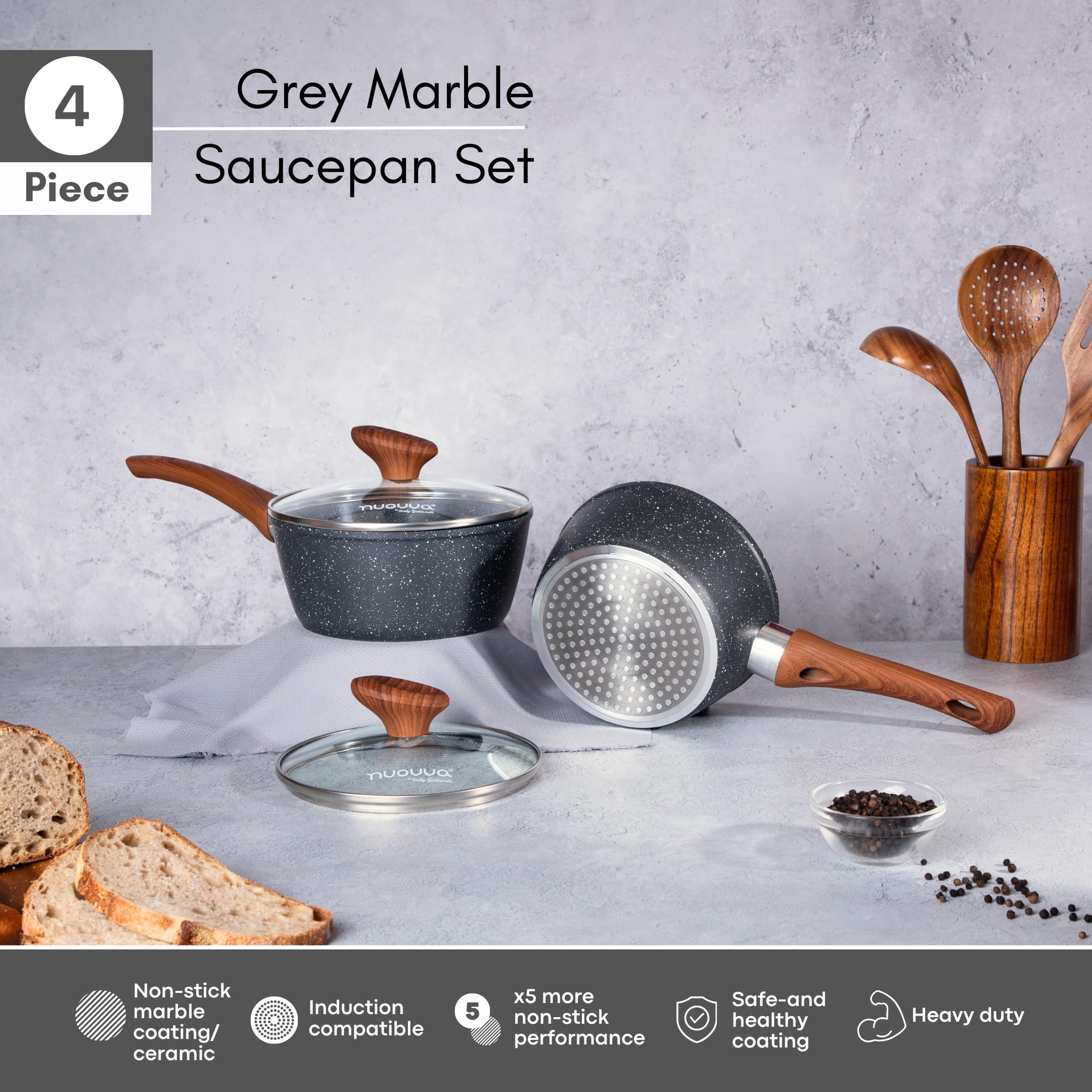 Induction Saucepan Set with Lid  Non Stick Saucepan for Induction  2pcs Marble Sauce Pan  16cm, 18cm Saucepot Set  by Nuovva