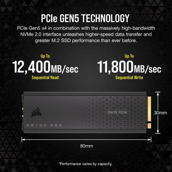 Corsair MP700 PRO 2TB M.2 PCIe Gen5 x4 NVMe 2.0 SSD – M.2 2280 – Up to 12,400MB/sec Sequential Read – High-Density TLC NAND – Black
