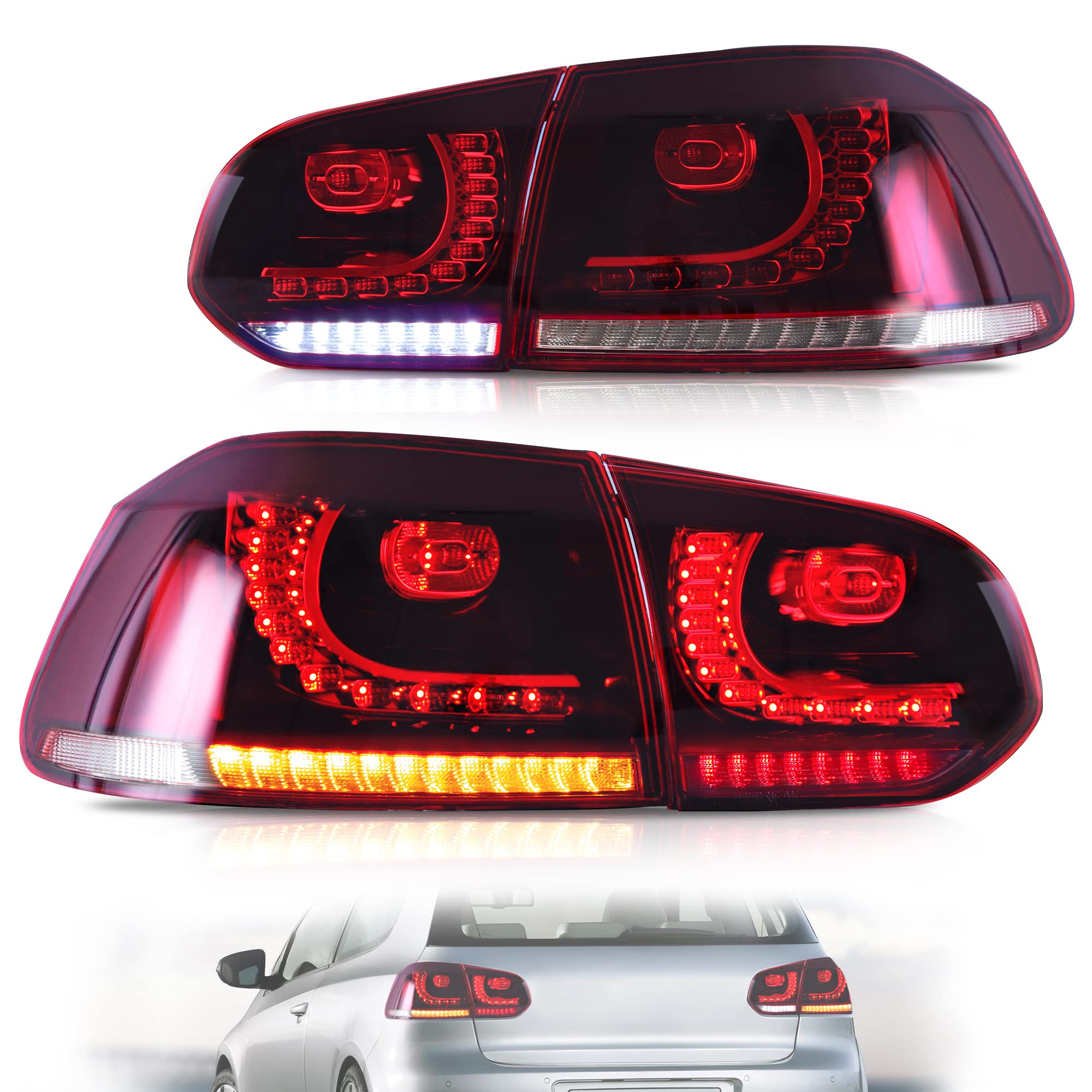 VLAND LED Rear Lights for Golf6 MK6 GTD R TSI 2008-2013 Tail Lights Lamps Assembly with Sequential Indicator, E-mark, One Pair (Smoked)