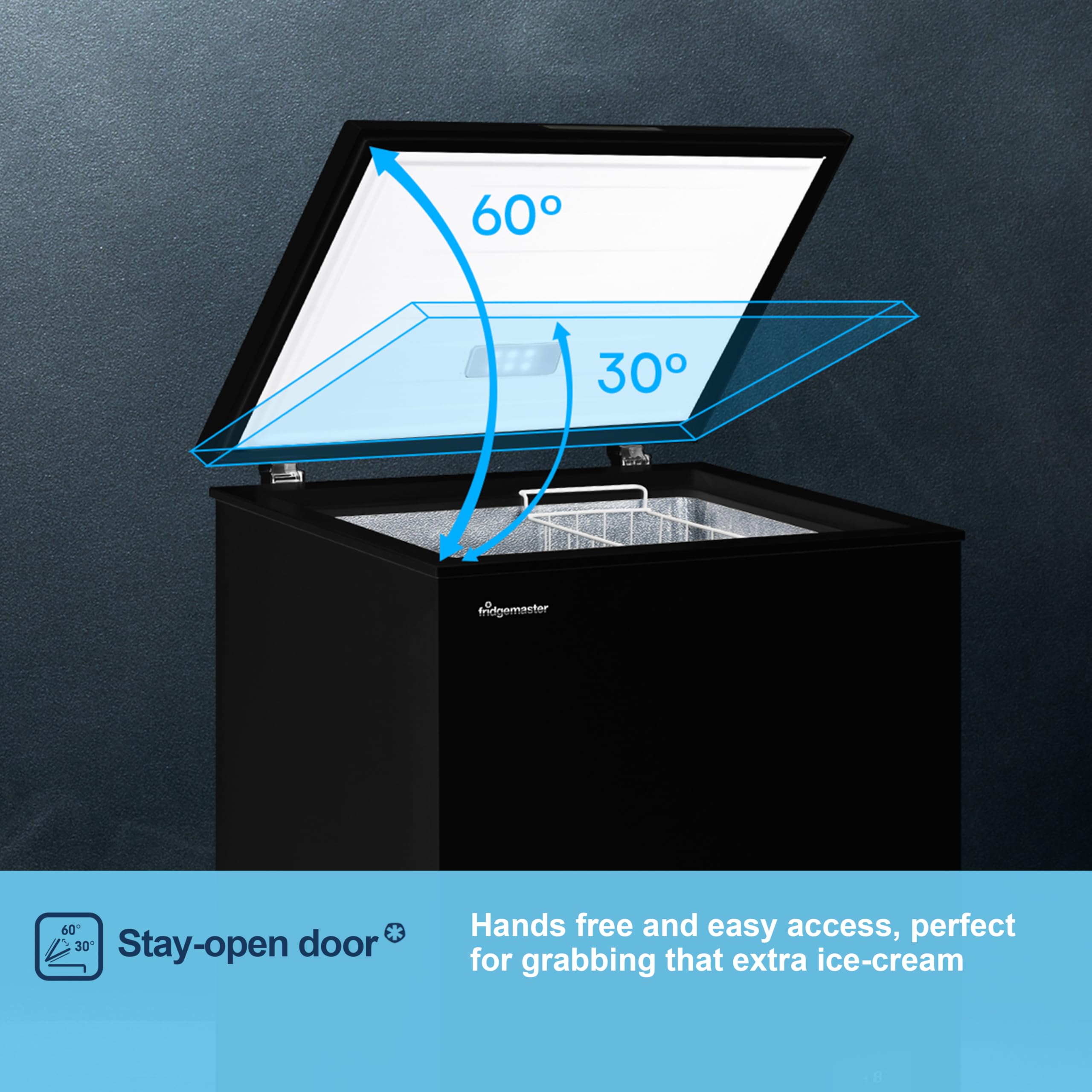 Fridgemaster MCF142EB 142L Chester Freezer 4 Star Freezer Rating - 55.9D x 62.5W x 85.4H cm Black with Recessed Handle - E Rated