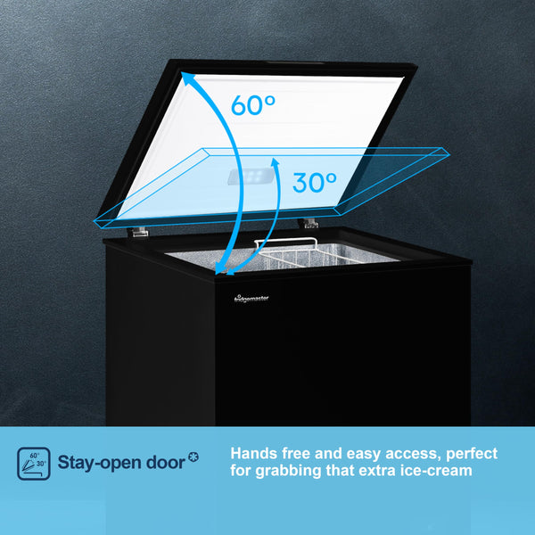Fridgemaster MCF142EB 142L Chester Freezer 4 Star Freezer Rating - 55.9D x 62.5W x 85.4H cm Black with Recessed Handle - E Rated