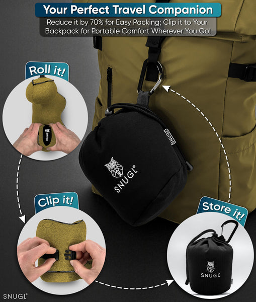 SNUGL Travel Pillow – Memory Foam Neck Pillow for Travel – Support Cushion for Airplane with Carry Bag & Clip - Holiday Essentials (Black - Adult Regular)