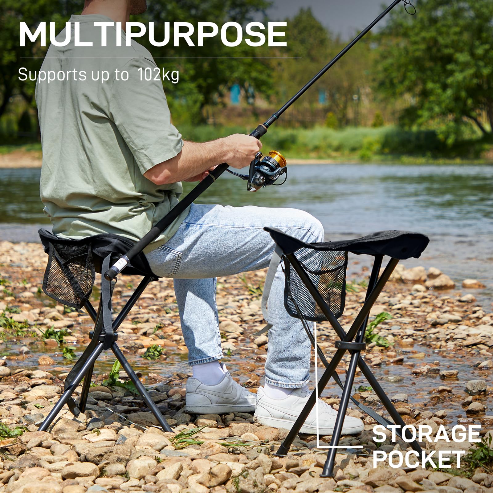 EVER ADVANCED Folding Stool Tripod Tall 53 cm Lightweight Camping Stool Compact Portable Fishing Tripod Camping Chair Collapsible for Outdoor Travel Walking Garden Backpack Hold Up 102 KG