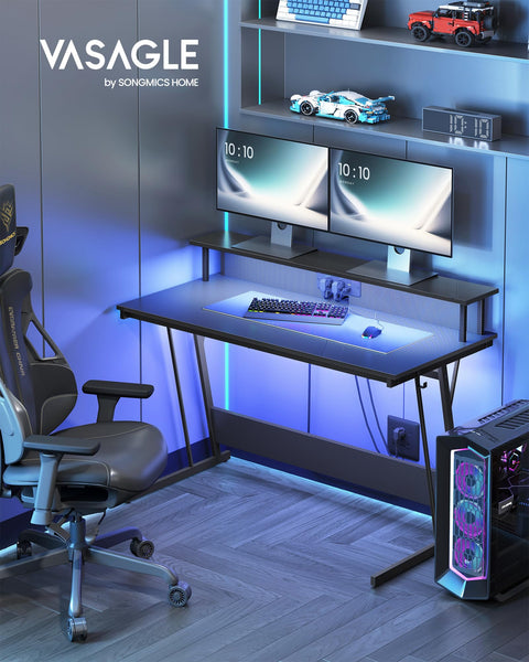 VASAGLE Gaming Desk with LED Lights and Built-In Power Outlets, Computer Desk with Monitor Shelf, Gaming Table for 2 Monitors, Office Desk, for Bedroom, 60 x 120 x 76 cm, Carbon Black LWD292B02