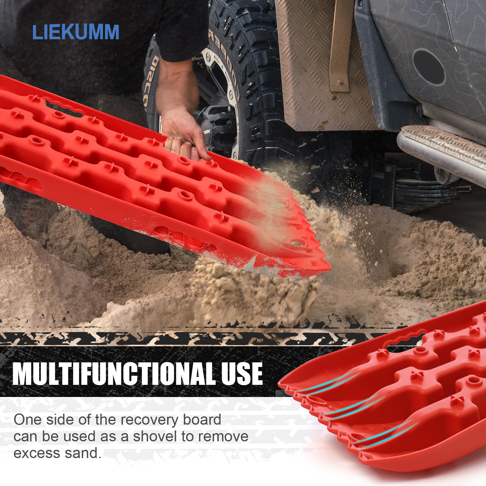 LIEKUMM 2PCS Traction Boards with Jack Lift Base, 104 cm Off-Road Traction Boards for Sand, Mud, Snow, 10 T Capacity Heavy Duty Recovery Tracks for Cars, Trucks, SUVs, Red