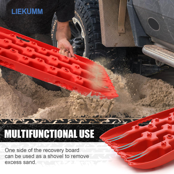 LIEKUMM 2PCS Traction Boards with Jack Lift Base, 104 cm Off-Road Traction Boards for Sand, Mud, Snow, 10 T Capacity Heavy Duty Recovery Tracks for Cars, Trucks, SUVs, Red