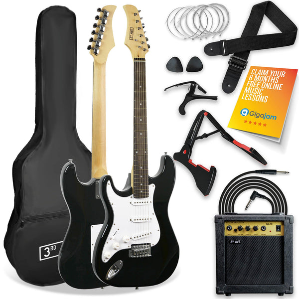 3rd Avenue XF Full Size 4/4 Electric Guitar Ultimate Kit with 10W Amp, Cable, Stand, Gig Bag, Strap, Spare Strings, Picks, Capo – Black