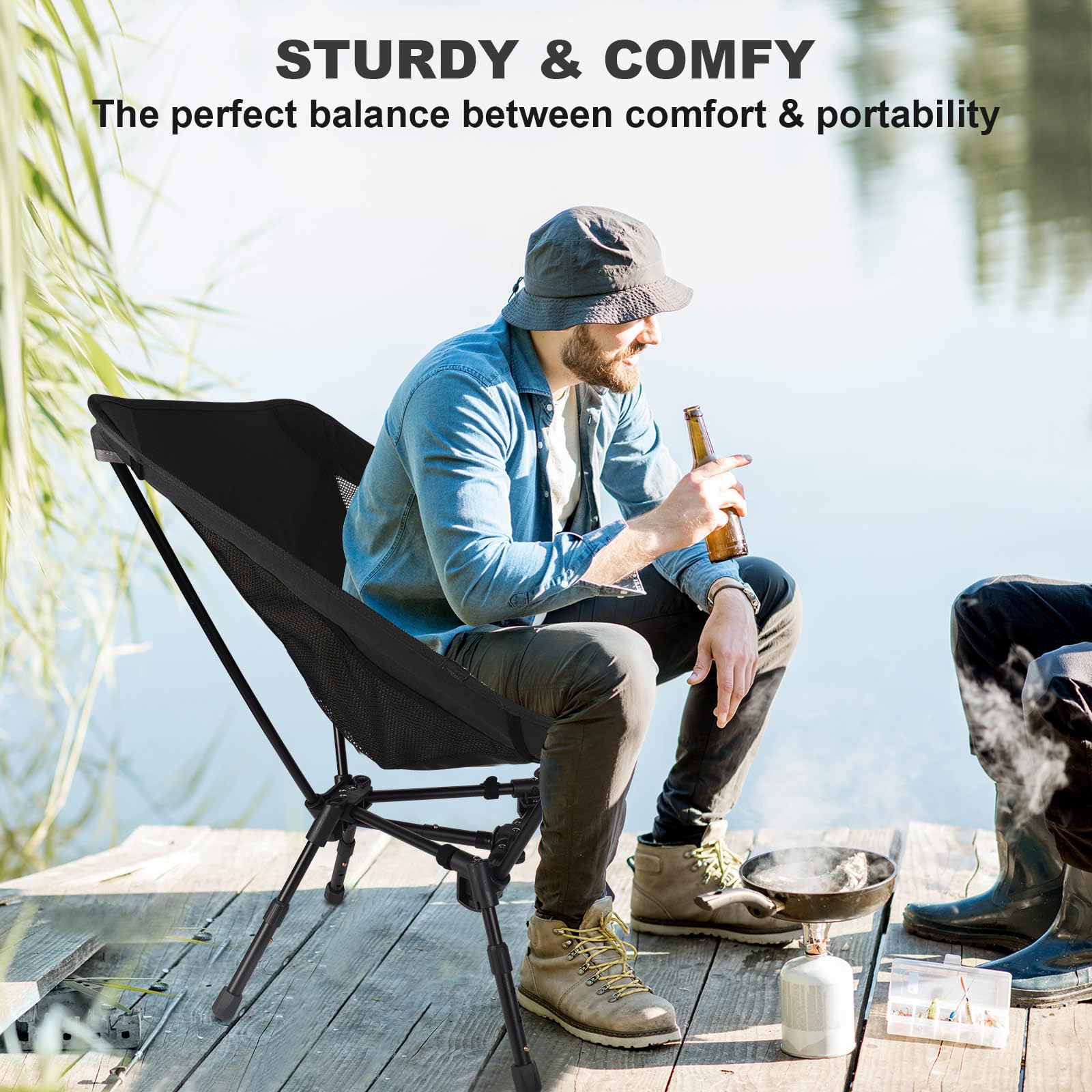 Portable Folding Camping Chair: Lightweight Height Adjustable Camping Chairs Stable Supports 330 Lbs with Side Pockets for Outdoor Camp, Travel, Beach, Lawn (Black)