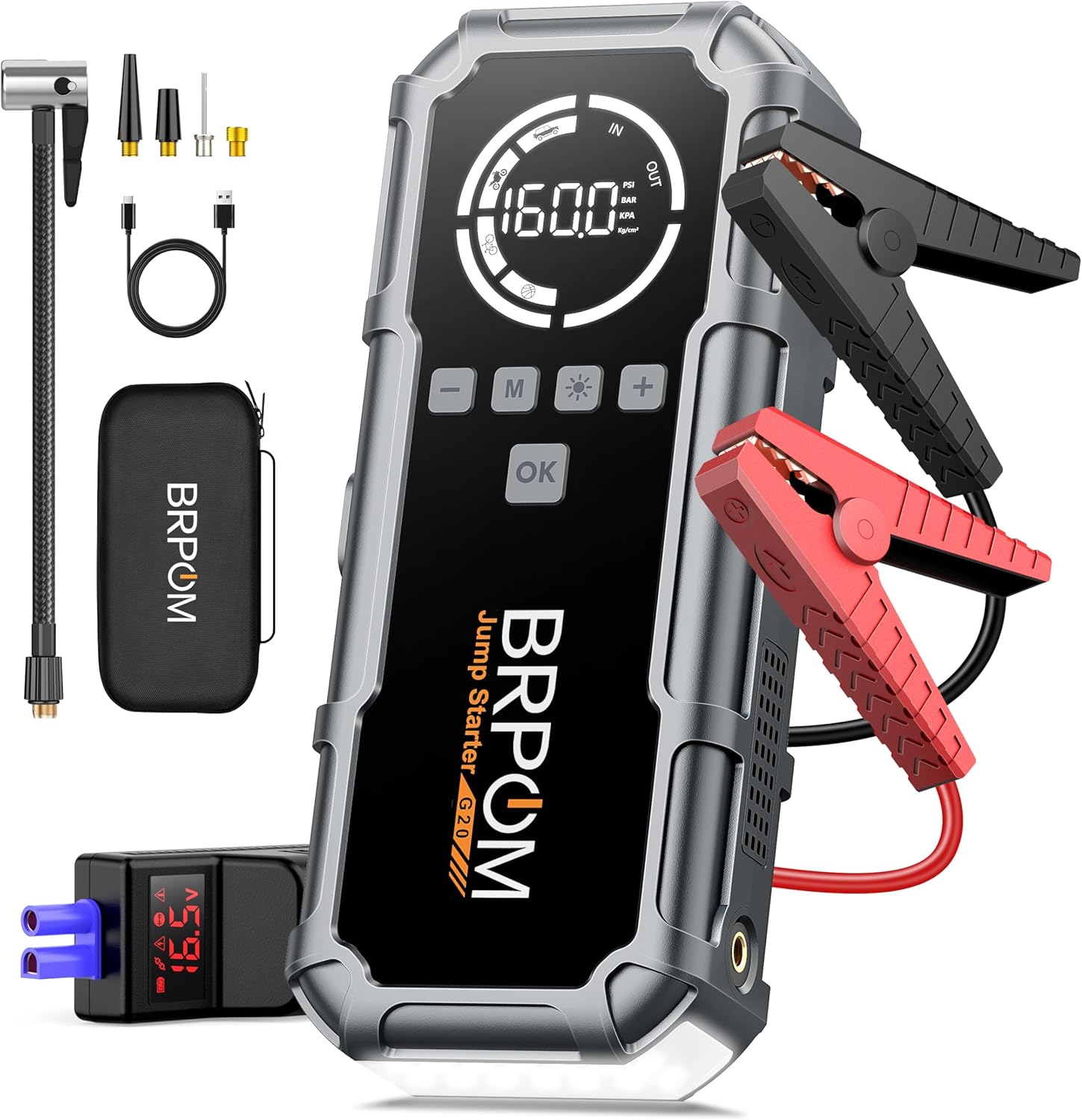Jump Starter Power Pack with Air Compressor, BRPOM 8000A Portable Jump Starter 160PSI(All Petrol/12L Diesel), 12V Car Jumper Power Bank with Jump Clamps, LCD Screen, Emergency Light