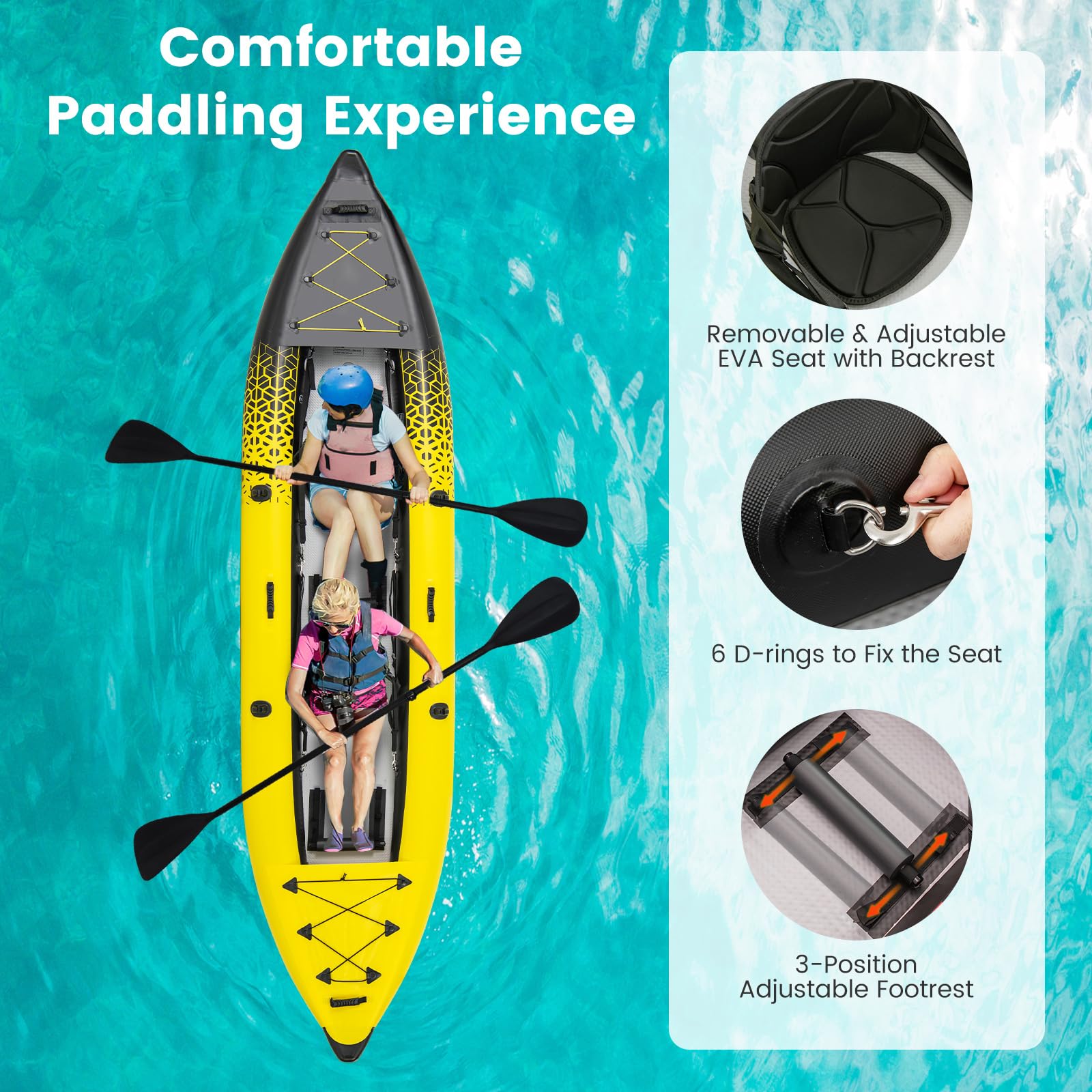 GYMAX Inflatable Kayak Set, 2-Person Inflatable Boat with Aluminum Oars, EVA Padded Seat, Fins, Hand Pump, Repair Kit and Carry Bag, Blow Up Canoe for Lakes, Rivers & Sea Shores