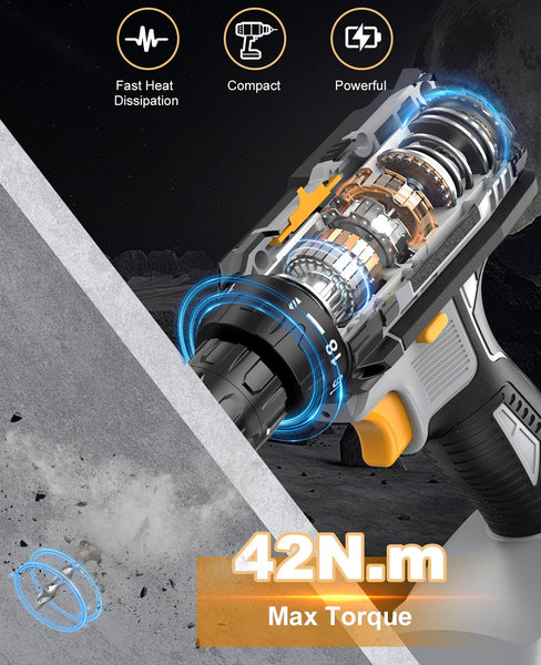 LEEIKOO Cordless Drill, 21V Electric Drill 42N.m with 2.0Ah Battery, Combi Set 10mm Chuck, 2 Speeds, 18+1 Torque, LED Light, 20pcs Drill Set for Garden DIY Project, Grey