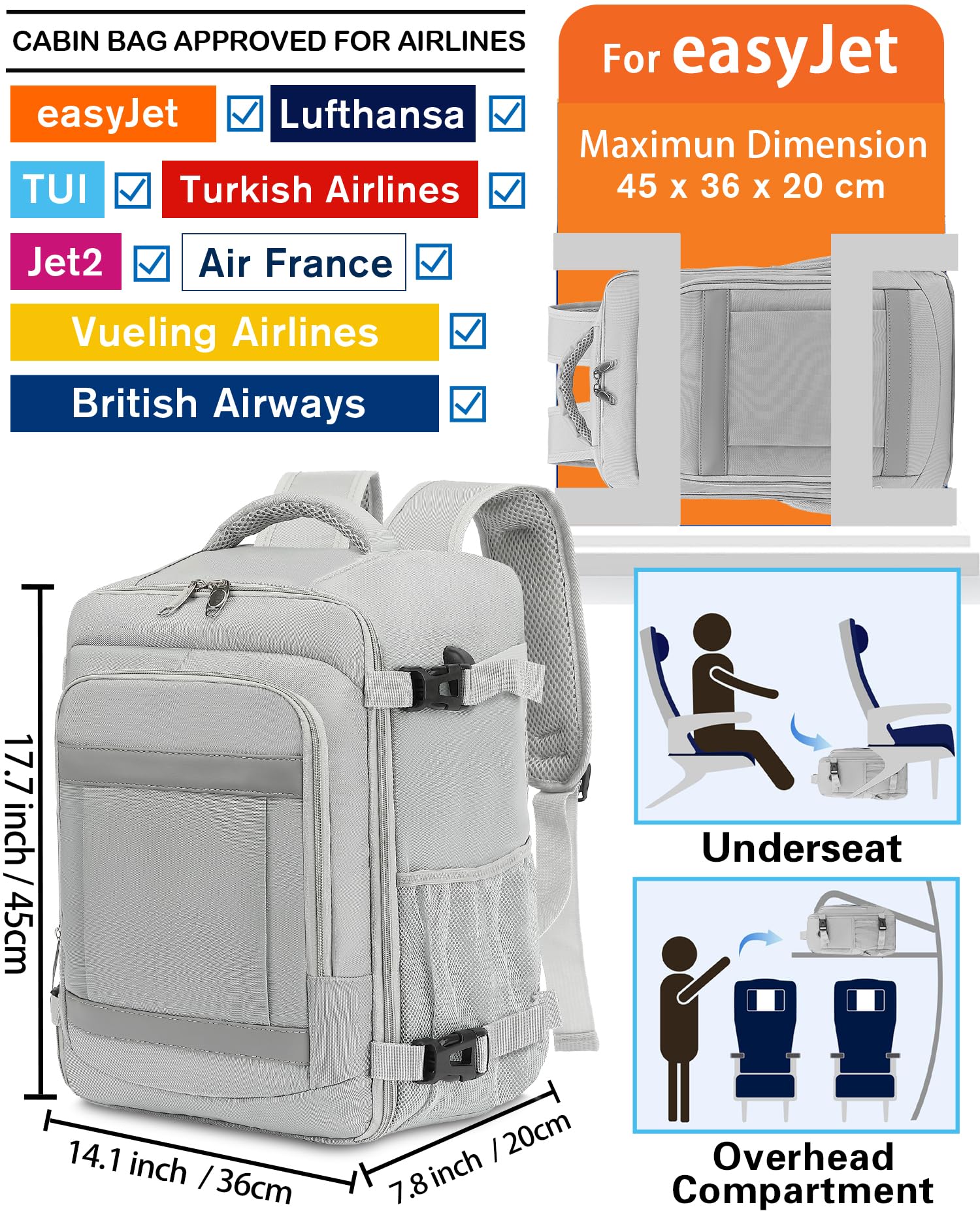 KLOSTAIN for Easyjet Cabin Bag 45x36x20 Travel Backpack Hand Luggage Carry-ons Bag Laptop Backpack Ruscksack for Airplanes Flight New Easyjet Underseat Cabin Bags Fit 14" Laptop Navy