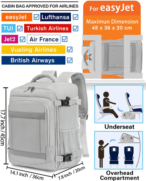 KLOSTAIN for Easyjet Cabin Bag 45x36x20 Travel Backpack Hand Luggage Carry-ons Bag Laptop Backpack Ruscksack for Airplanes Flight New Easyjet Underseat Cabin Bags Fit 14" Laptop Navy