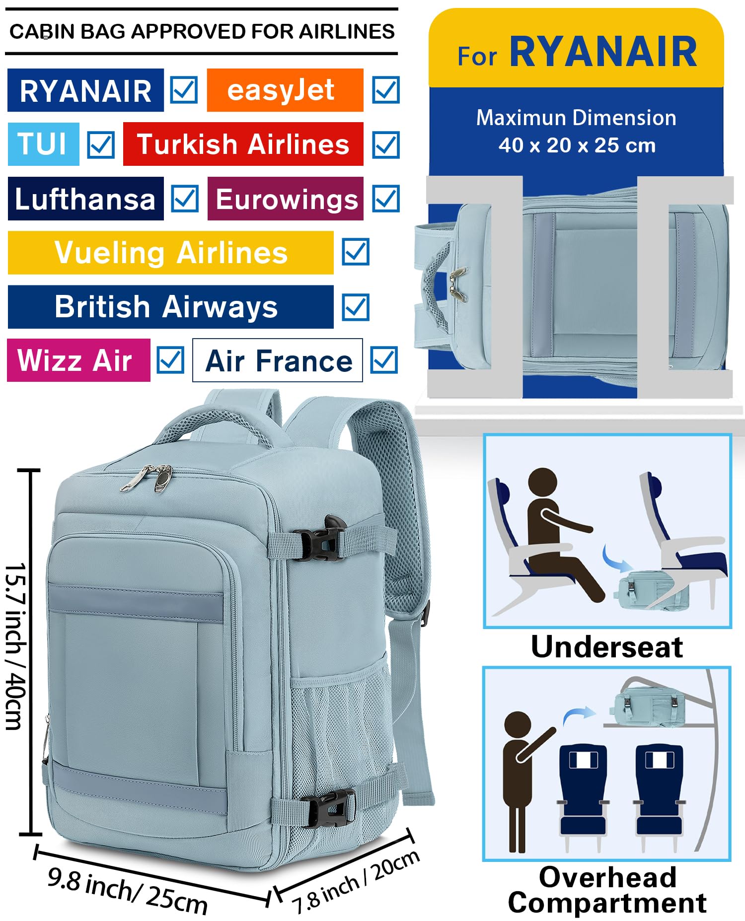 KLOSTAIN for Easyjet Cabin Bag 45x36x20 Travel Backpack Hand Luggage Carry-ons Bag Laptop Backpack Ruscksack for Airplanes Flight New Easyjet Underseat Cabin Bags Fit 14" Laptop Navy