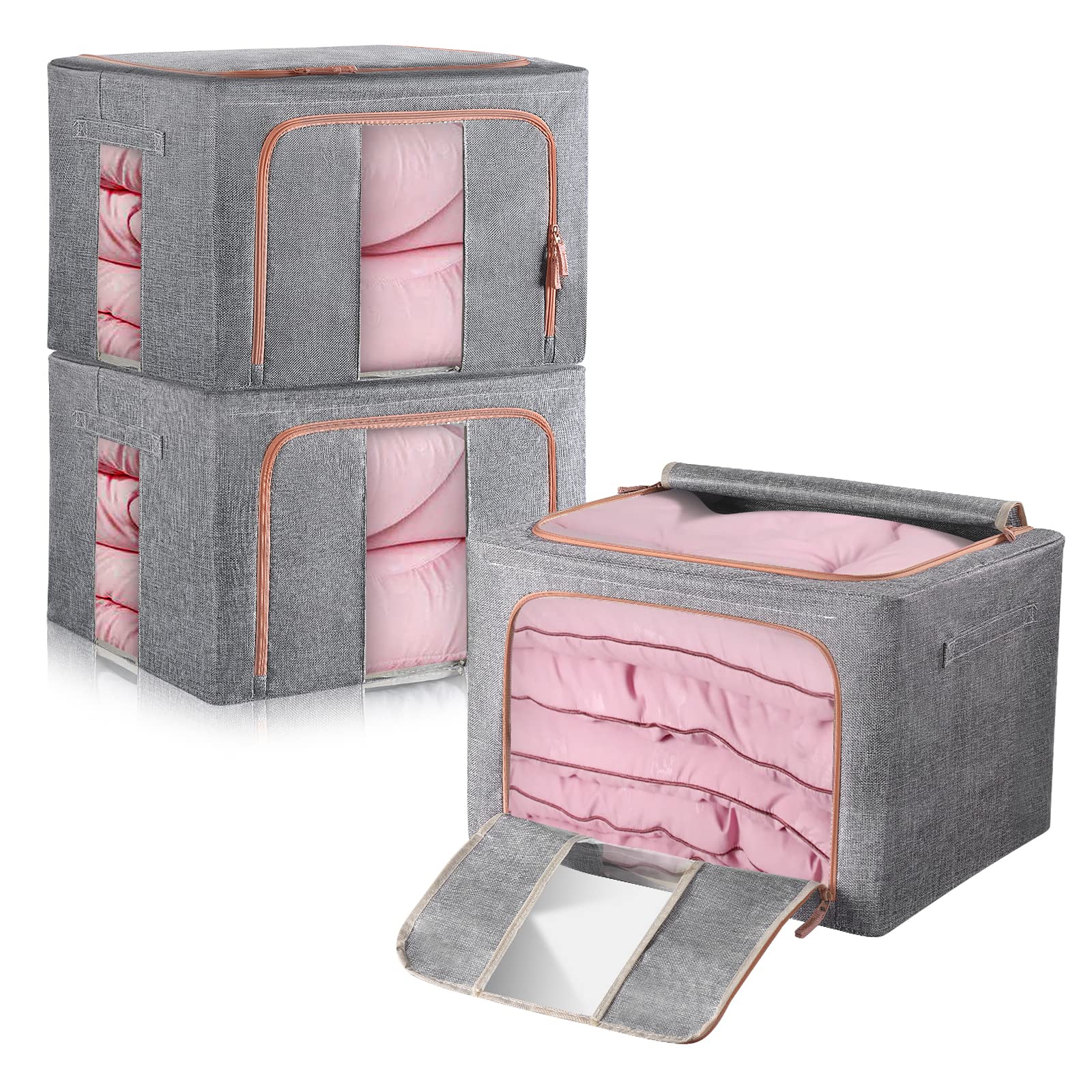 100L Clothes Storage Bag Metal Frame Fiberboard Bottom Thick Breathable Cotton Linen Protect from Moisture Dust Sturdy Handle Double Opening Zipper