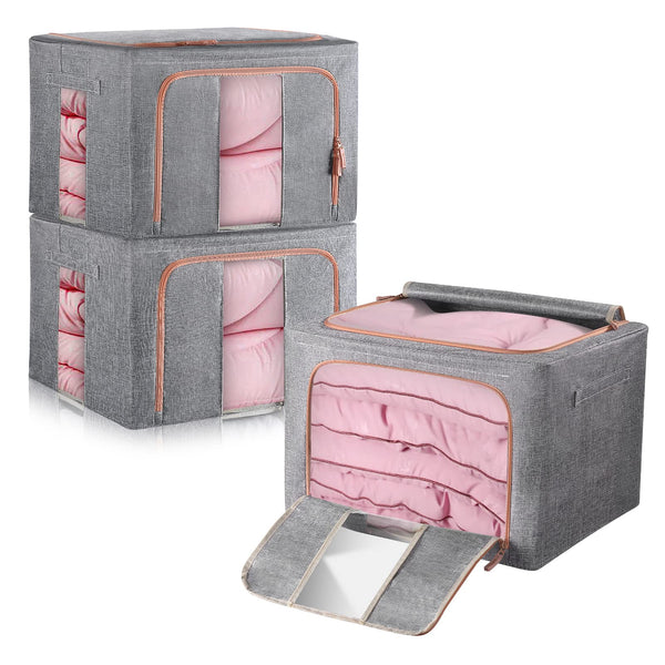 100L Clothes Storage Bag Metal Frame Fiberboard Bottom Thick Breathable Cotton Linen Protect from Moisture Dust Sturdy Handle Double Opening Zipper