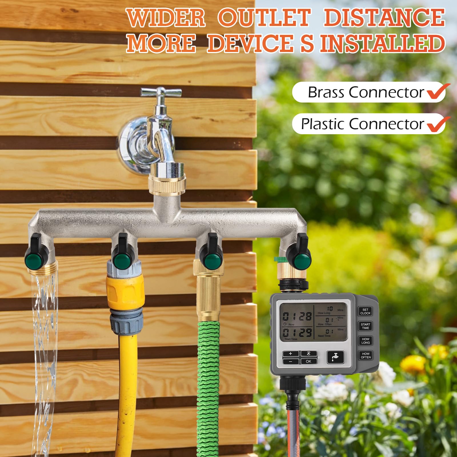 Photener Brass Hose Splitter 4 Way, Garden Hose Tap Splitter Connector, European Standard 3/4" Female to 4-Way Male Thread with 4 Individual Ball