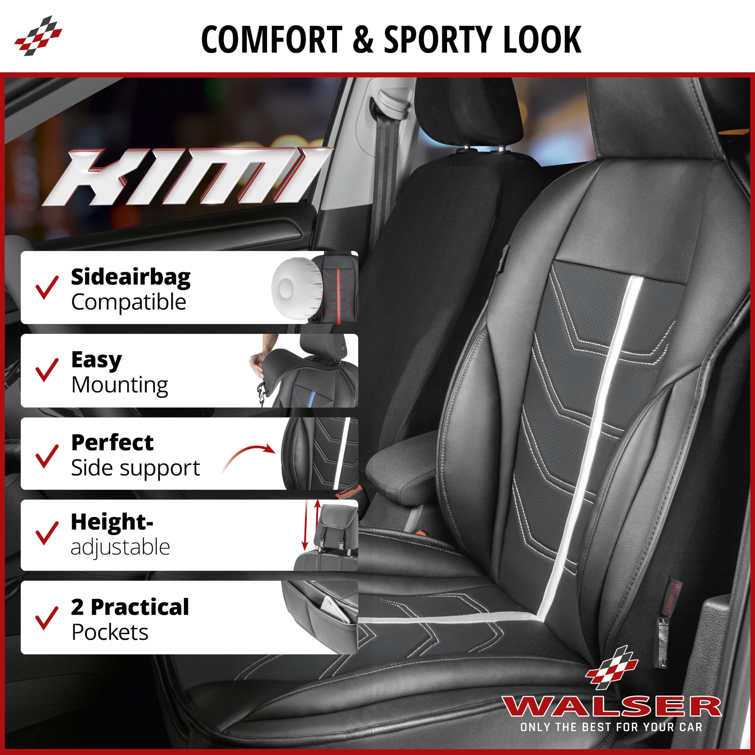 Walser Car seat cover Kimi, universal seat cover and protective pad in red - black, seat protector for cars and vanss in racing look design