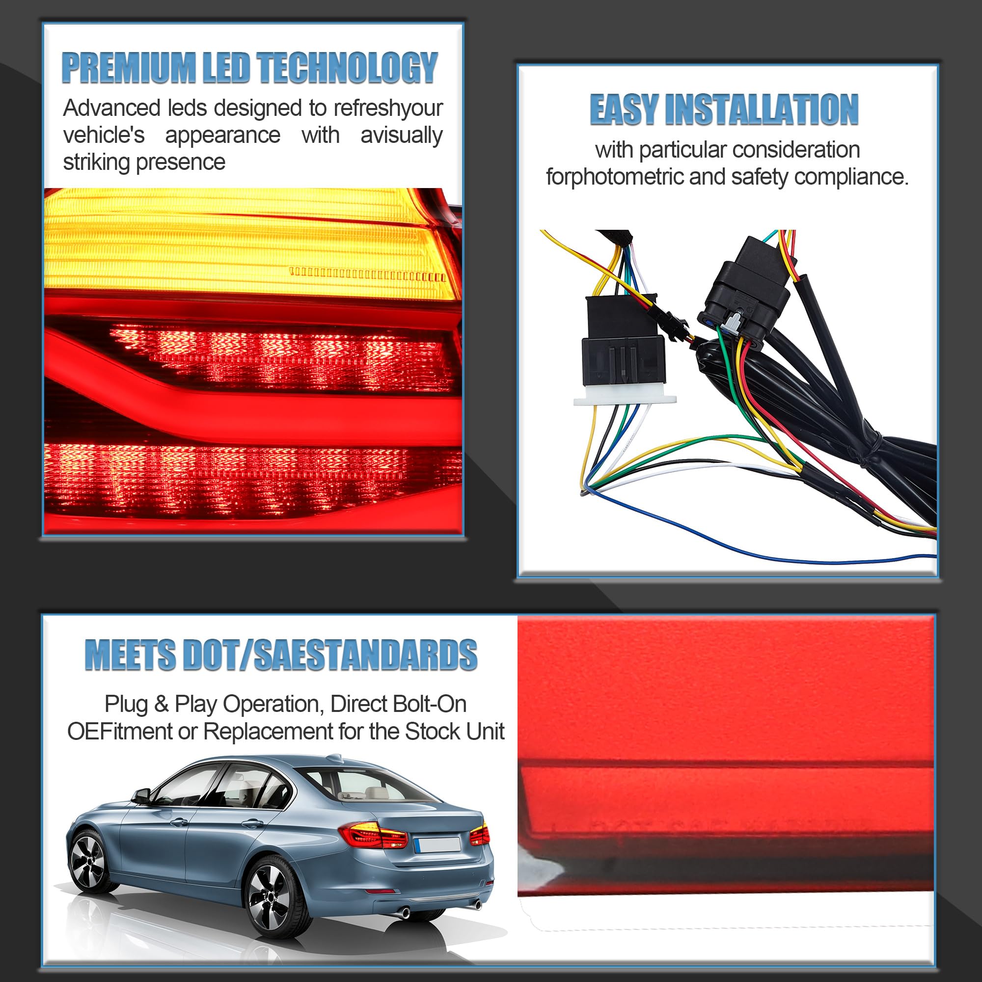 VLAND LED Rear Lights Compatible With 3-Series F30 F35 F80 M3 2013-2018 Sixth generation,Tail Lights Assembly w/Sequential Turn Indicator, 1 Set (Red)