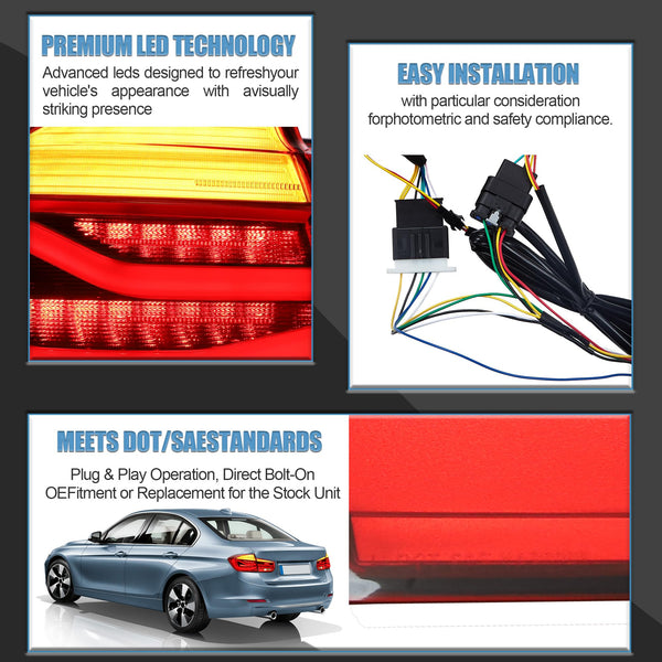 VLAND LED Rear Lights Compatible With 3-Series F30 F35 F80 M3 2013-2018 Sixth generation,Tail Lights Assembly w/Sequential Turn Indicator, 1 Set (Red)