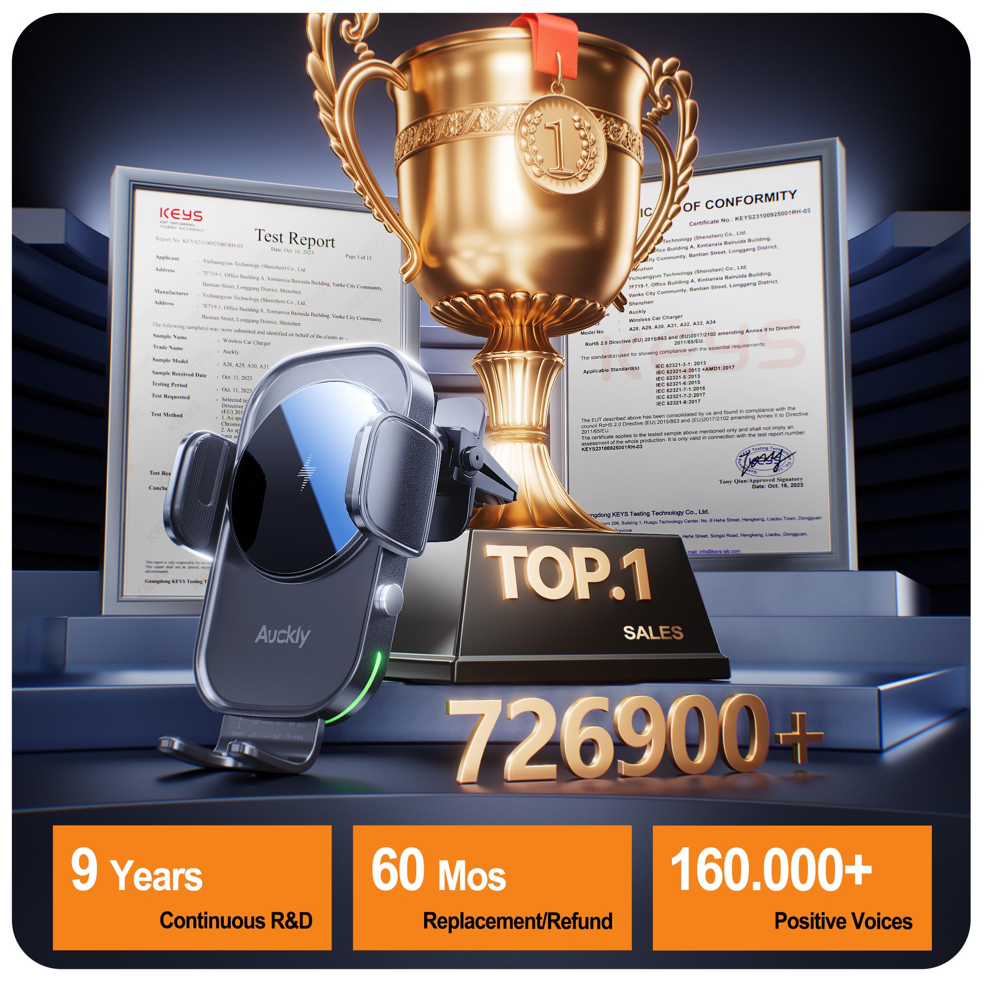 Auckly Qi 15W Car Phone Holder Wireless Charger, [270 ° Automatic Clamping], Wireless Car Charger Mount, Air Vent, for iPhone 11 12 13 14 15 16 Series & Samsung, Electromagnetic Induction, Black