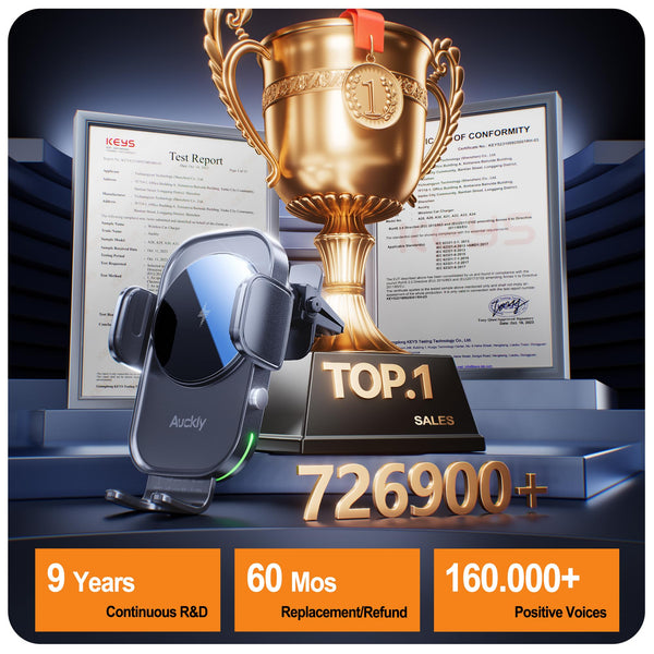 Auckly Qi 15W Car Phone Holder Wireless Charger, [270 ° Automatic Clamping], Wireless Car Charger Mount, Air Vent, for iPhone 11 12 13 14 15 16 Series & Samsung, Electromagnetic Induction, Black