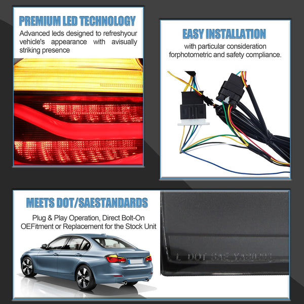 VLAND LED Rear Lights Compatible With 3-Series F30 F35 F80 M3 2013-2018 Sixth generation,Tail Lights Assembly w/Sequential Turn Indicator, 1 Set (Red)