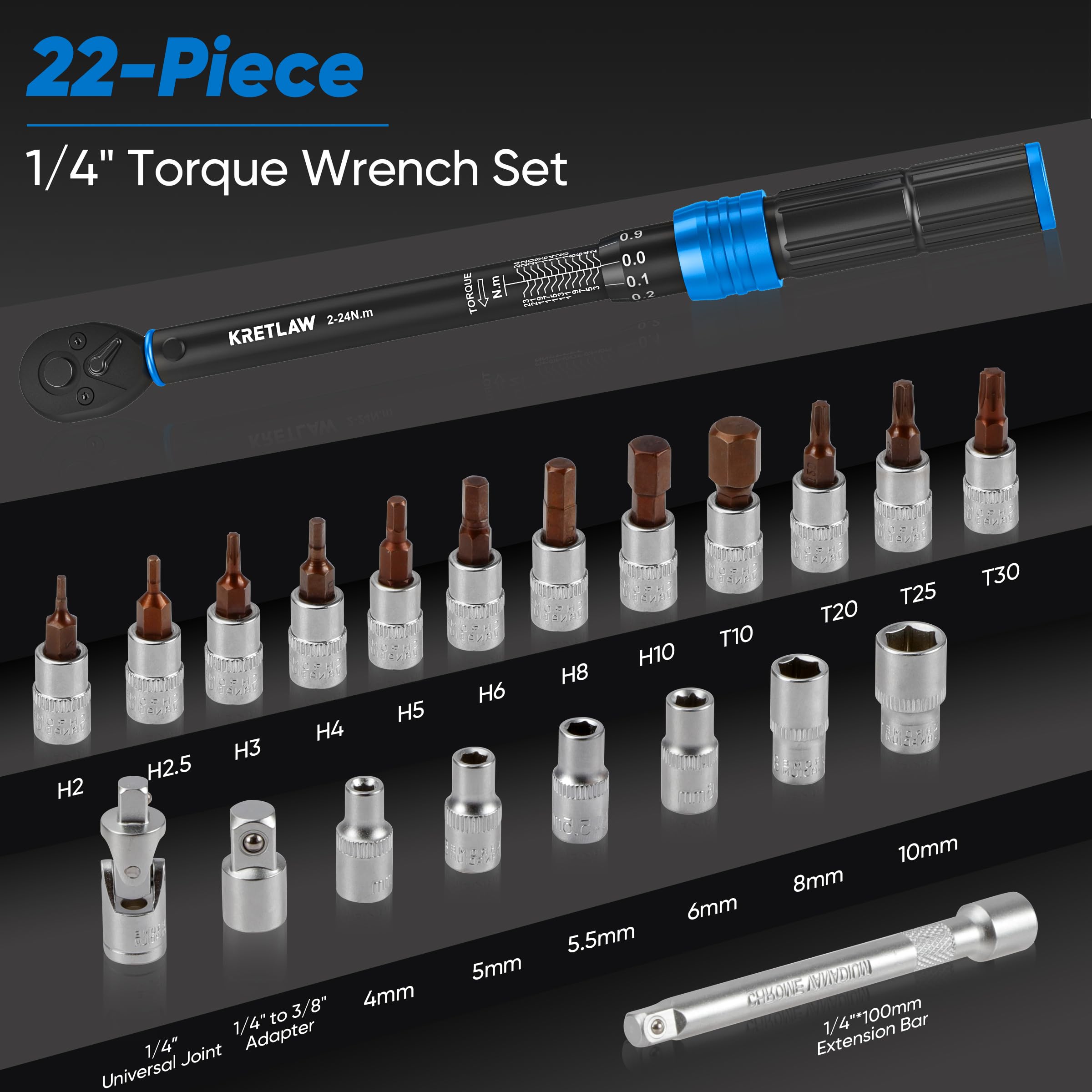 KRETLAW 3/8" Torque Wrench Set 30PCs, 5-60 Nm Drive Click Torque Wrench (72 Teeth ±3% Accuracy) with Extensions, Sockets, Adapter for Bike and Motorcycle Car Truck Maintenance