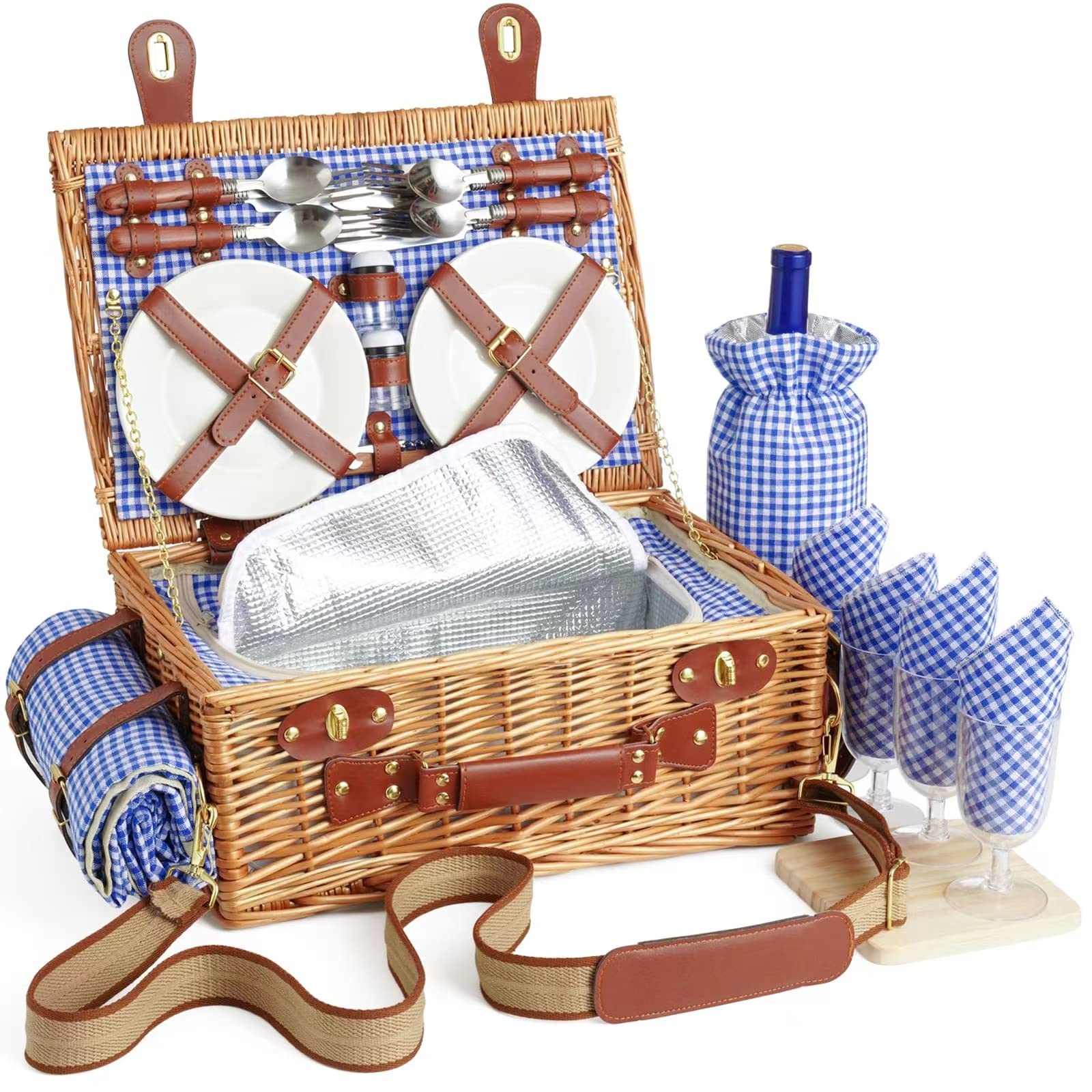 DHAEE Wicker Picnic Basket Set for 4 Person with Cooler Compartment and Waterproof Picnic Blanket,Removable Strap,Wine Bag,Cutlery Set,for Camping,Day