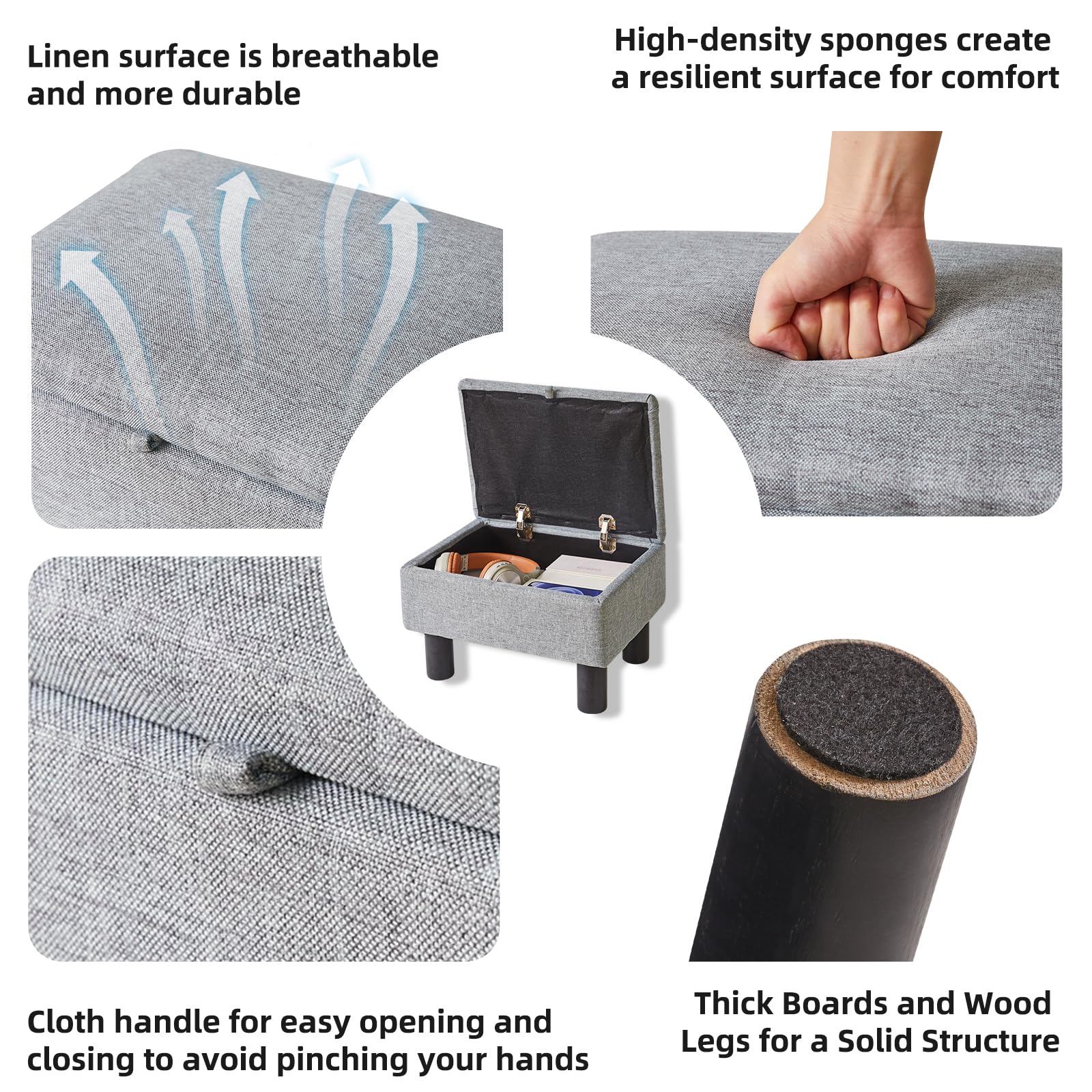 Aibiju Small Foot Stool with Storage, Small Storage Ottoman with Wodden Legs, Sofa Footrest Extra Seating for Living Room Bedroom, Blue Grey,