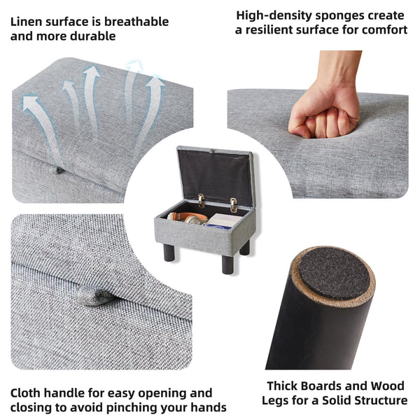 Aibiju Small Foot Stool with Storage, Small Storage Ottoman with Wodden Legs, Sofa Footrest Extra Seating for Living Room Bedroom, Blue Grey,