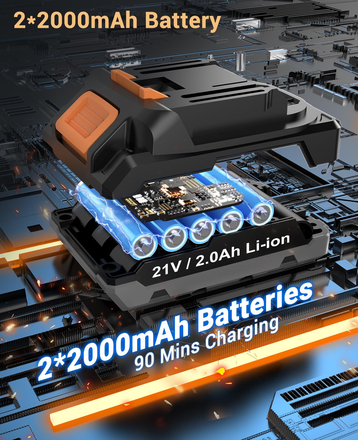 DYJPOW Brushless Cordless Hammer Drill Driver 21V, 2 Batteries 2000mAh, 20+3 Torque, 45N.m Max, 14PCS Drill Bits, 2 Speed, LED Light for Home, Garden DIY