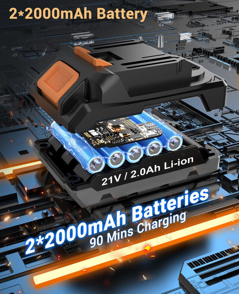 DYJPOW Brushless Cordless Hammer Drill Driver 21V, 2 Batteries 2000mAh, 20+3 Torque, 45N.m Max, 14PCS Drill Bits, 2 Speed, LED Light for Home, Garden DIY