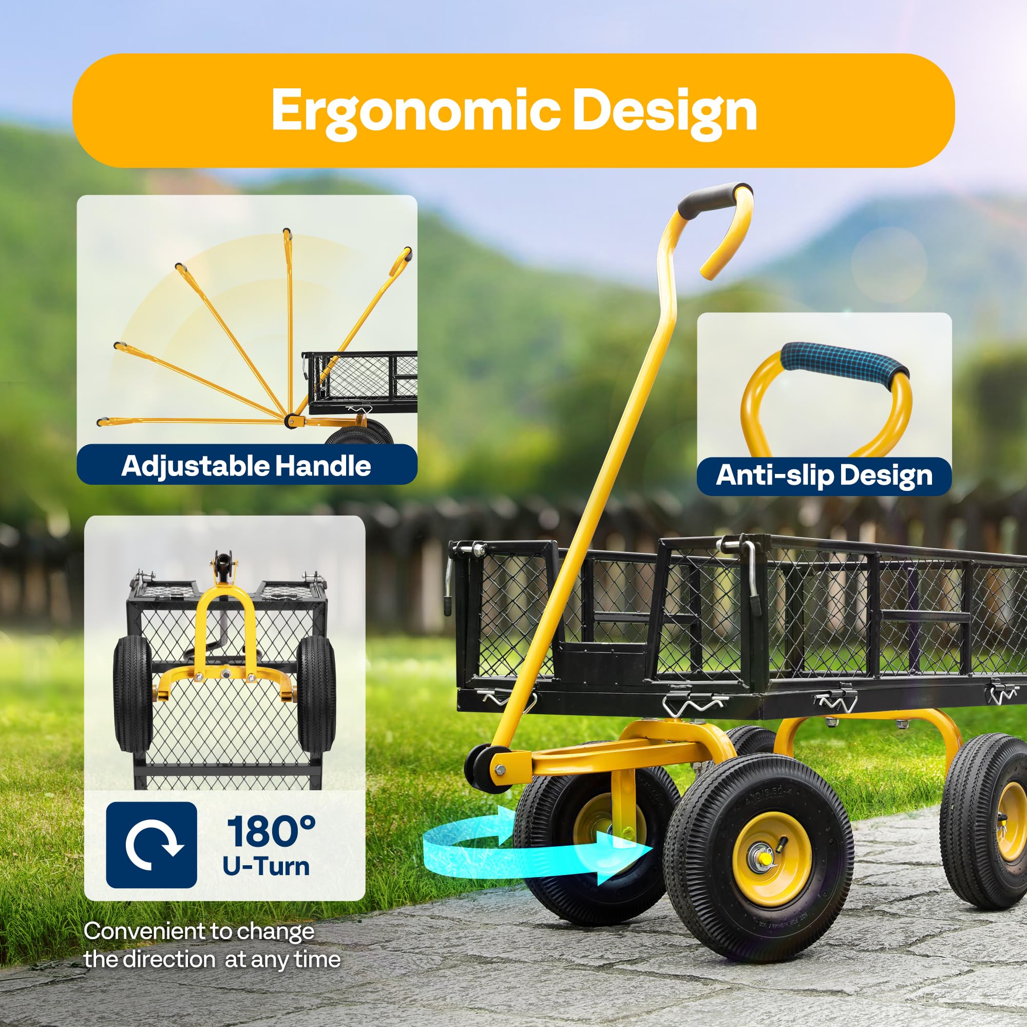 VIVOHOME Hand Trolley 400kg Capacity Durable Transport Cart with 10cm Pneumatic Tires and 180° Rotatable 80cm Handle Heavy Duty Metal Grids for Garden and Camping