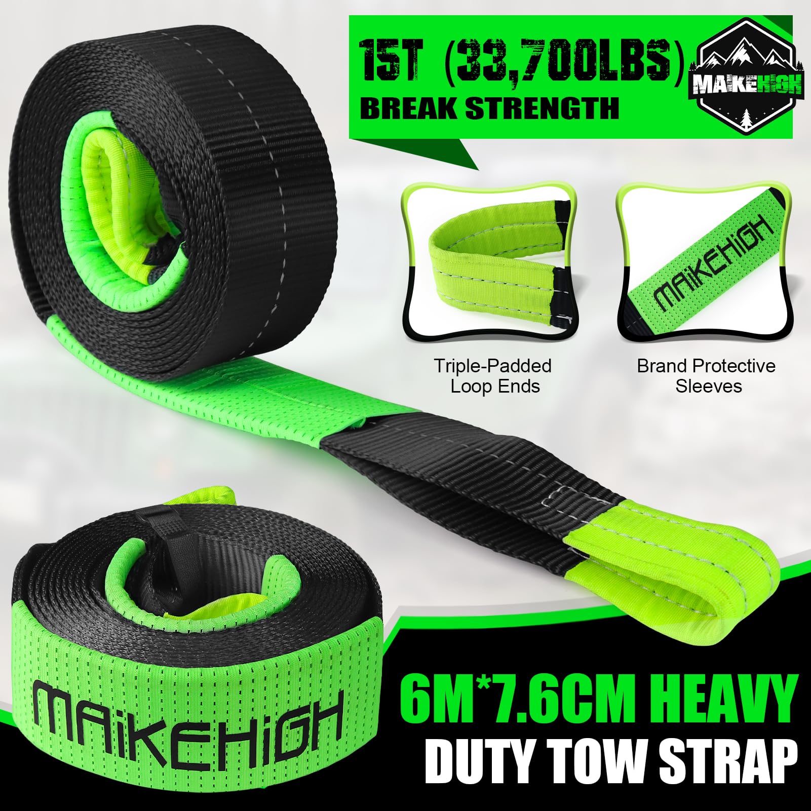 MAIKEHIGH Towing Rope 15 Ton (33,700 Lbs), 6M x 7.6cm Off-Road Recovery Tow Strap with 2 Gloves for Car, Truck, SUV, Snow (Green)