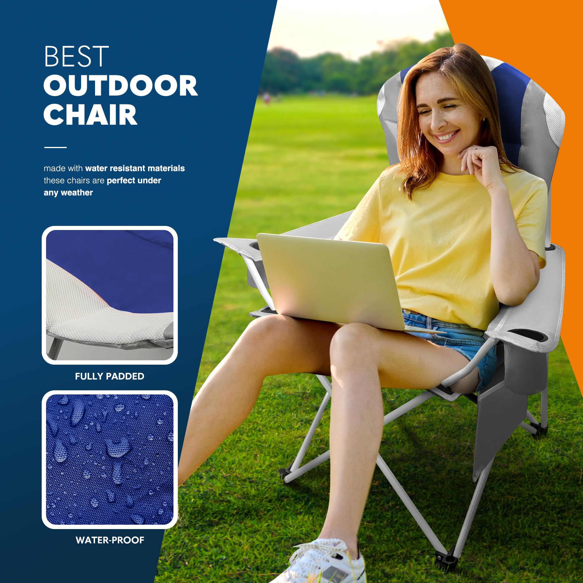 Voyager Folding Camping Chairs 2 Pack with Cooler Bag, Lightweight Q195 Steel Frame, 600D Oxford Fabric, Portable & Comfortable - Black (Black, Padded)