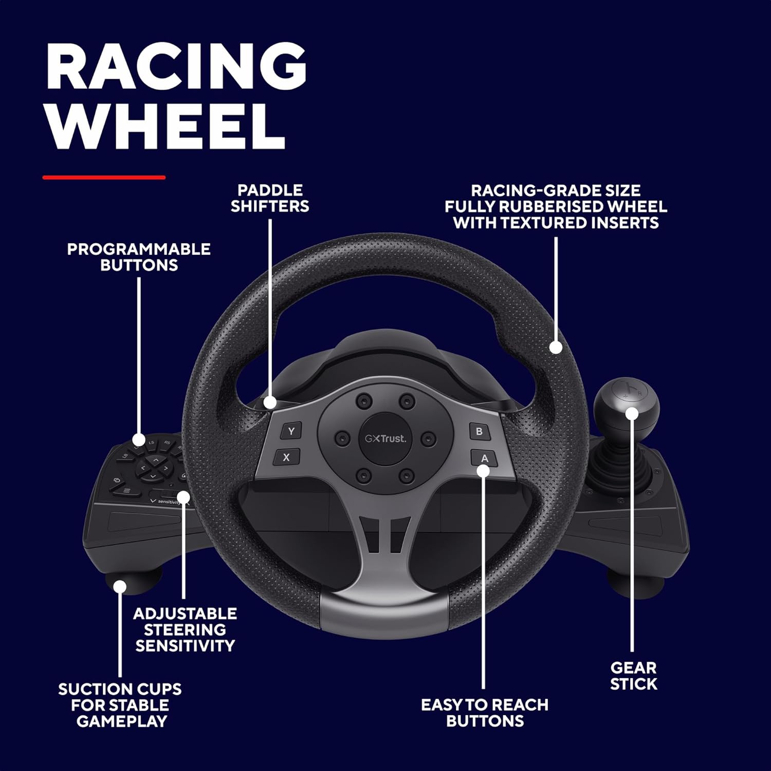 Trust GXT 289 Steering Wheel for Gaming PC, Xbox Series X/S, PS4, Nintendo Switch, Racing Wheel with Pedals, Paddle Shifters, Gear Stick, Vibration Feedback, for Farming Simulator / F1 / Gran Turismo