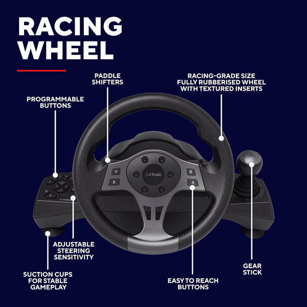 Trust GXT 289 Steering Wheel for Gaming PC, Xbox Series X/S, PS4, Nintendo Switch, Racing Wheel with Pedals, Paddle Shifters, Gear Stick, Vibration Feedback, for Farming Simulator / F1 / Gran Turismo