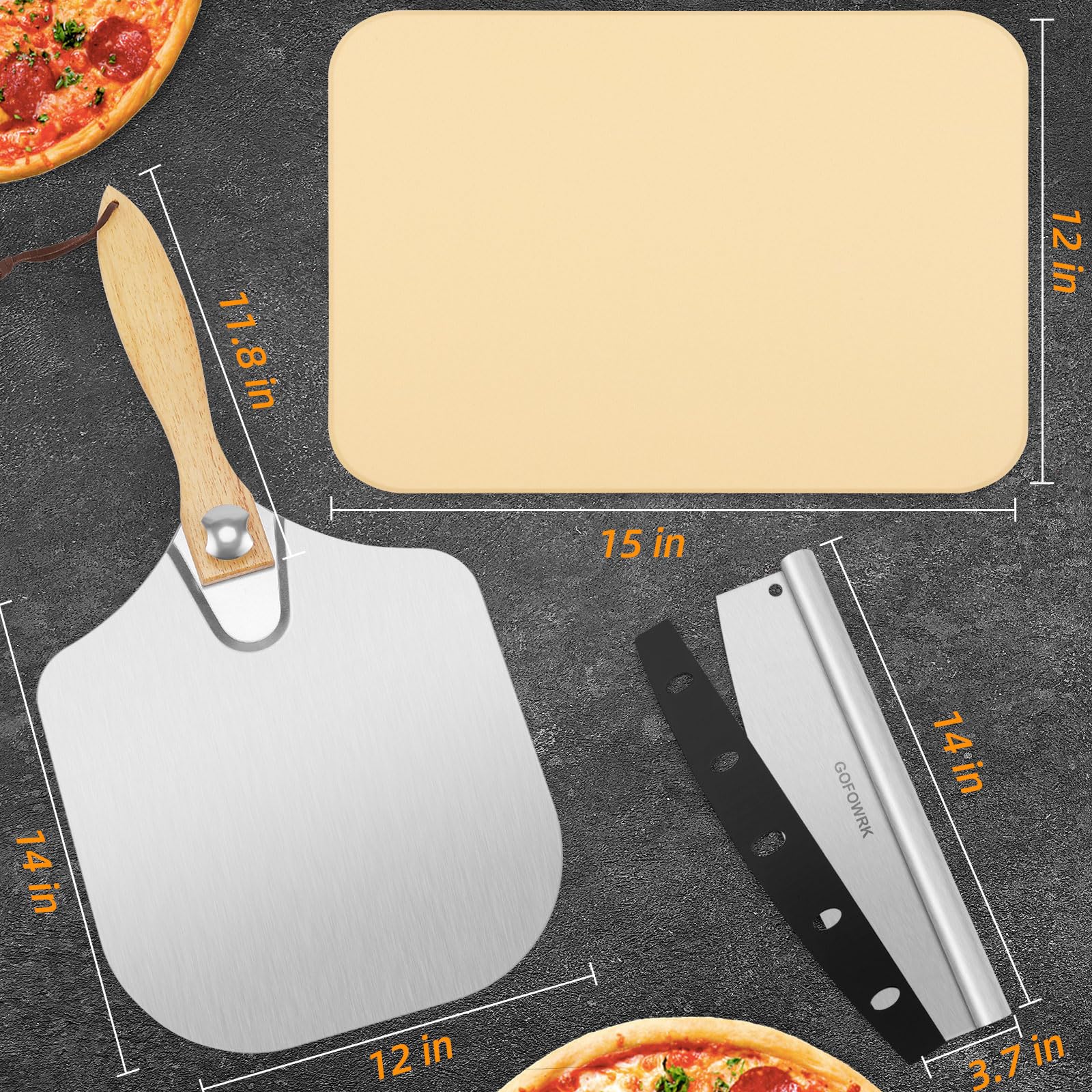 GOFOWRK Pizza Stone 5 PCS Set, 38 x 30 cm Large Rectangle Pizza Stone Set for Oven & Outdoor Grill with Metal Pizza Peels & Cutter Rocker, 1.5 cm