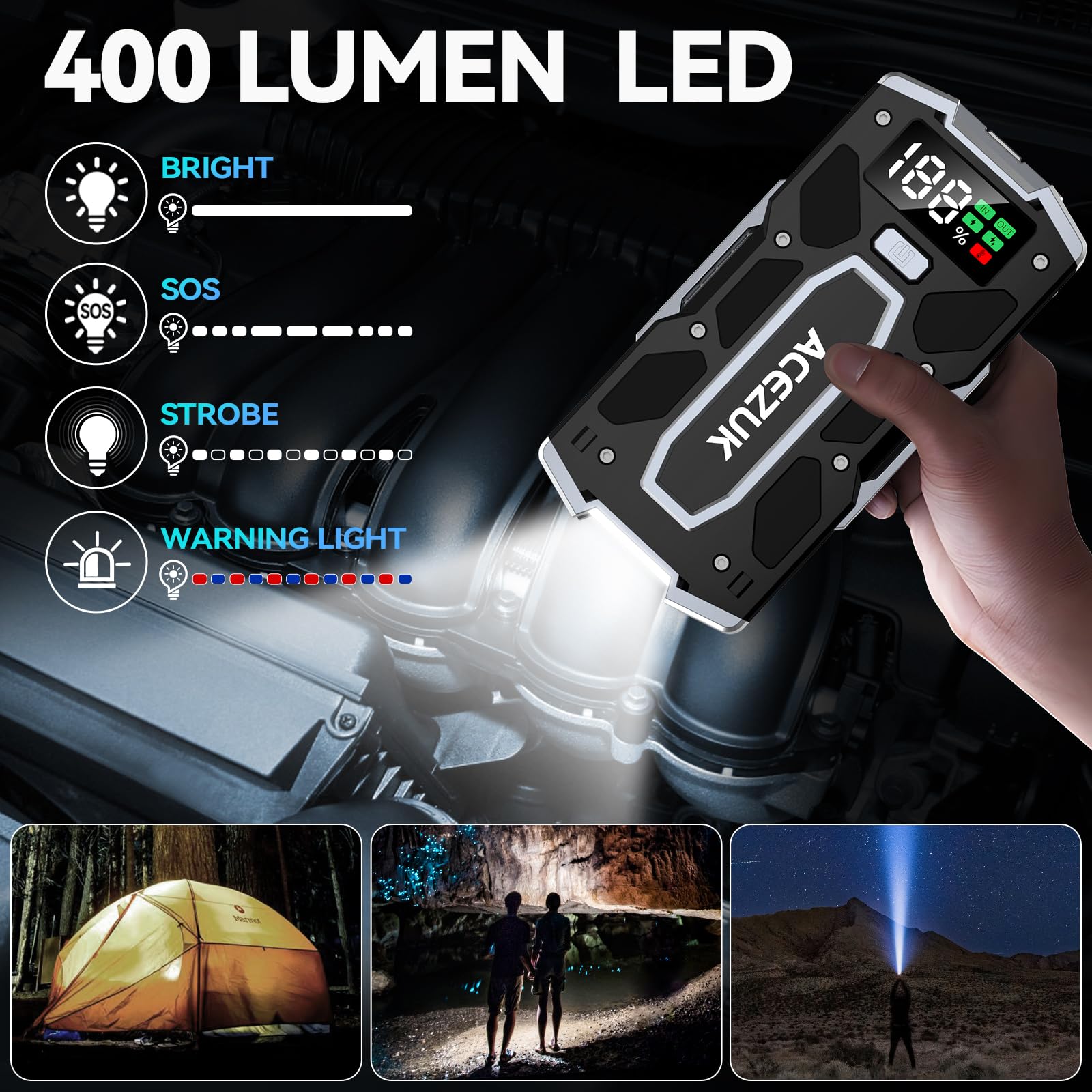 ACEZUK Battery Jump Starter Pack 5000A Car Jump Starter 12V 8-in-1 Car Battery Booster Pack Up to 7.0L Gas & 5.5L Diesel Engines Power Bank with Flashlight,Large Screen,Jump Leads