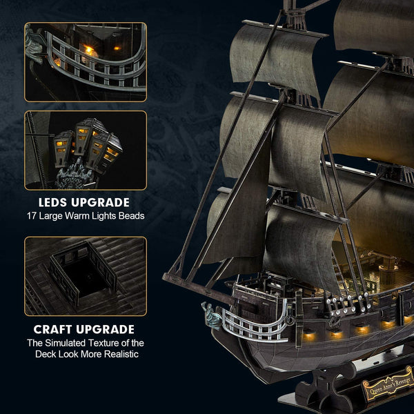 CubicFun LED Pirates of the Caribbean Flying Dutchman Model Kits for Adults to Build 3D Jigsaw Puzzles Ship Model Building Gifts for Adults Kids Girls Boys - 360 Pieces