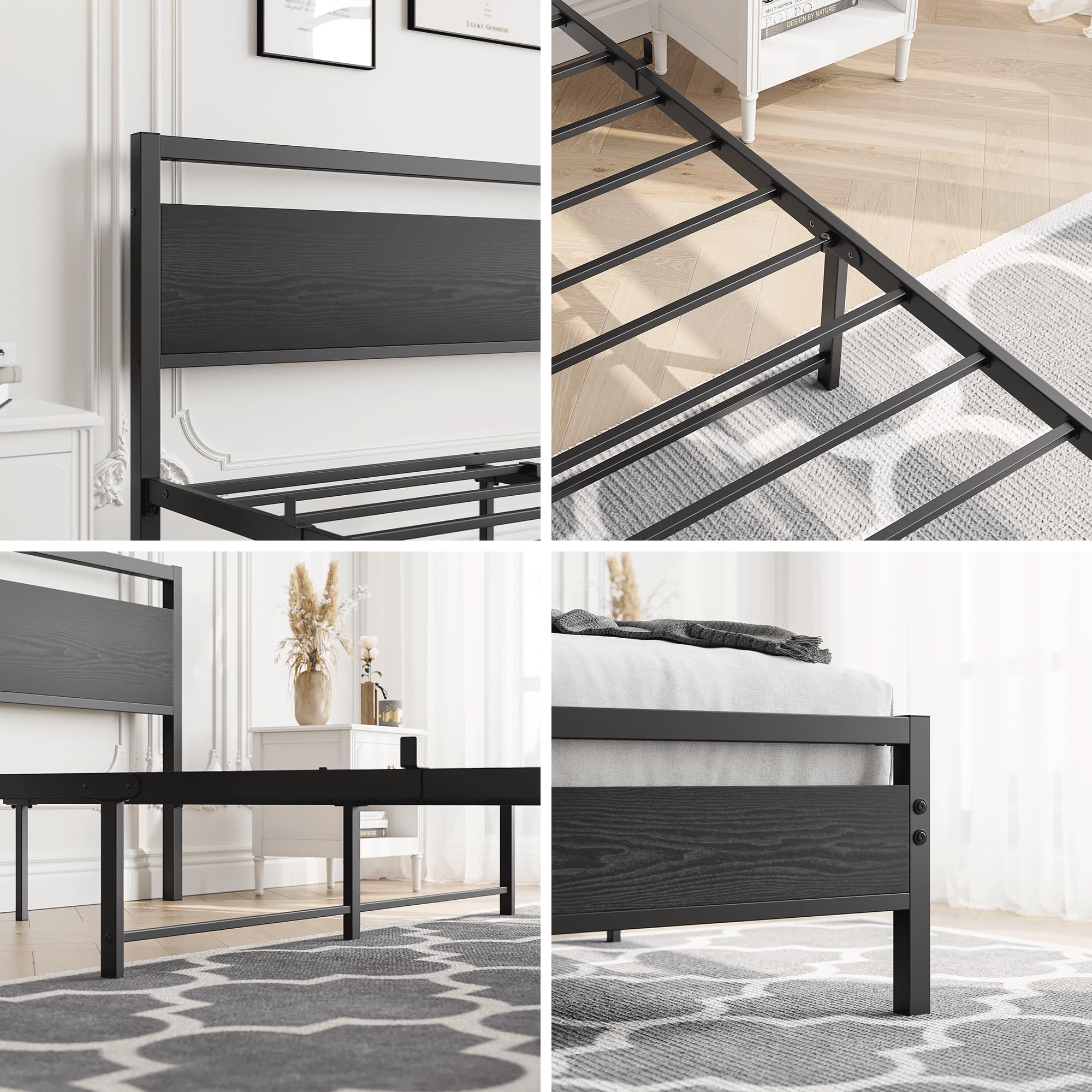 HOJINLINERO 4ft6 Double Bed Frames with Wooden Headboard,Metal Platform Bed Frame Double Bed Base No Box Spring Needed,Mattress Foundation,Industrial