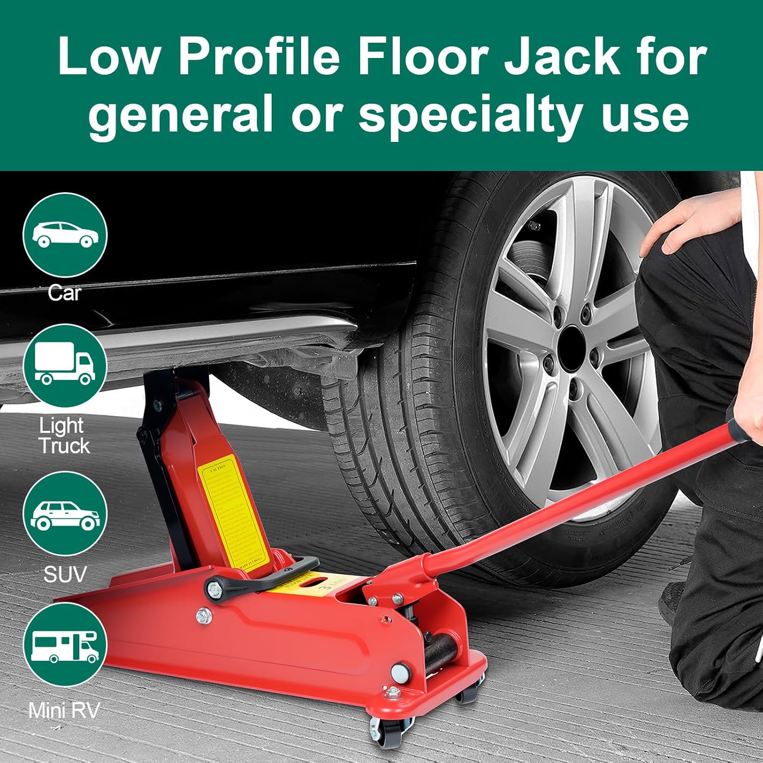 HYCHIKA Steel Racing Trolley Jack, with Hydraulic Piston Quick Lift Pump, 3 Ton (6,600 lb) Capacity, Lifting Range 5.3-18 inch