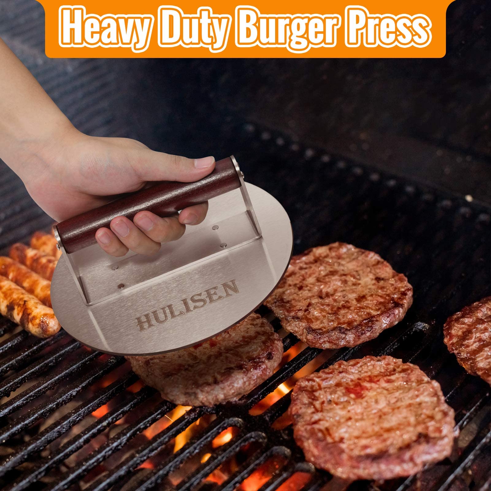 HULISEN 8.5-Inch Burger Press, 2.5 lbs Heavy Duty Bacon & Grill Press, Stainless Steel Smashed Burger Press, Round Smasher with Wood Handle, BBQ Griddle Accessories for Hamburger, Steak, Meat…