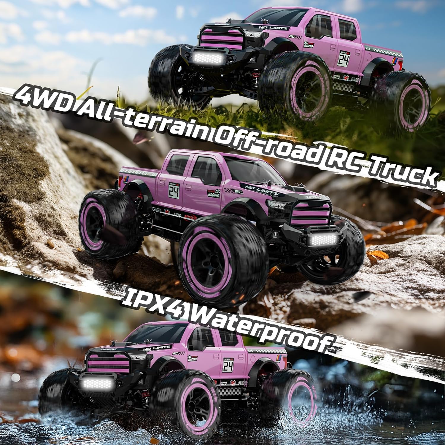 DEERC 1:10 Fast RC Cars for Adults, 4X4 Hobby Remote Control Monster Truck, 48+KM/H, All Terrain High Speed Pink RC Truck Crawler with 2 Modular Batteries, Toy Vehicle Gift for Kids