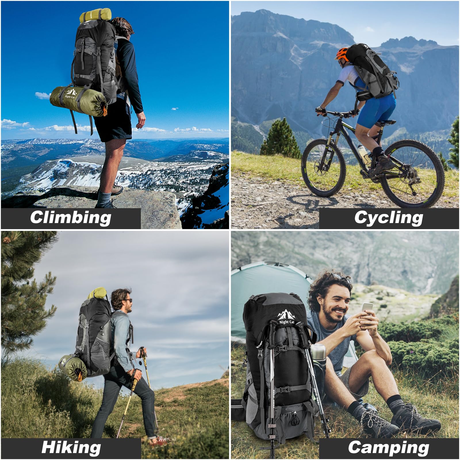 Night Cat Hiking Backpack Rucksack Bag 70L 90L Large For Men Travel Trekking Camping Climbing Cycling With Rain Cover Waterproof Lightweight