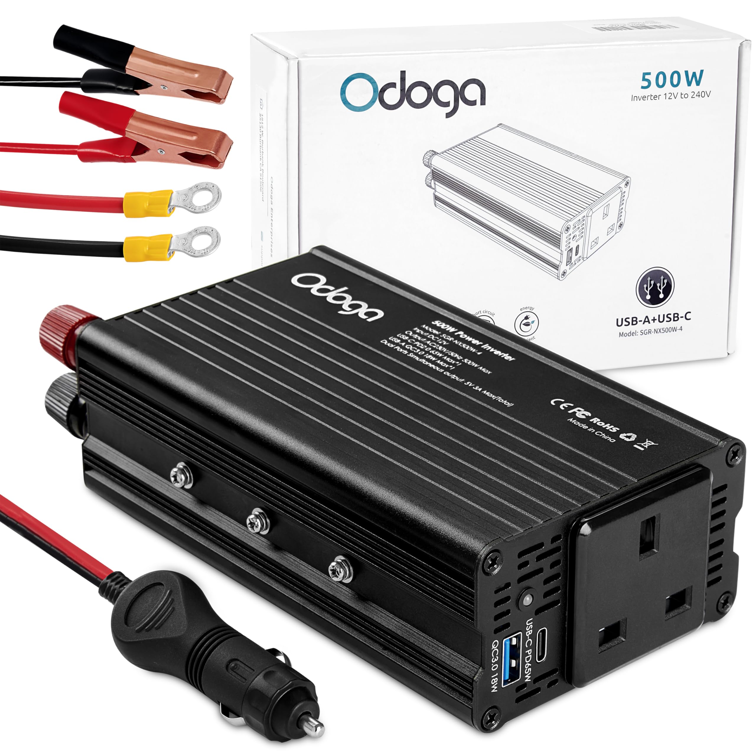 Odoga 300W Car Power Inverter 12V to 240V / 230V Converter, USB-A and USB-C 3A Charging Ports - Charge Your Laptop, iPad, iPhone, Tablet, Consoles & More - Durable and Powerful - Black Aluminum Body