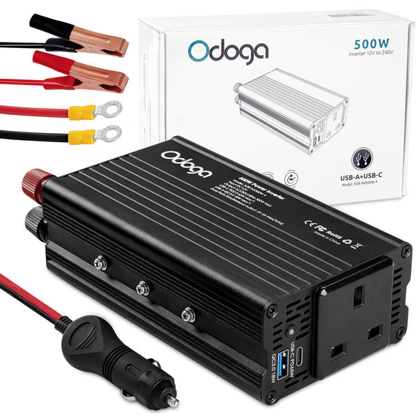 Odoga 300W Car Power Inverter 12V to 240V / 230V Converter, USB-A and USB-C 3A Charging Ports - Charge Your Laptop, iPad, iPhone, Tablet, Consoles & More - Durable and Powerful - Black Aluminum Body